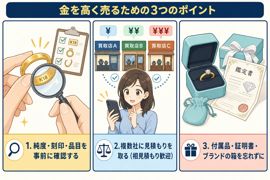 金を高く売るための3つのポイント 純度・刻印・品目を事前に確認する 複数社に見積もりを取る 付属品・証明書・ブランドの箱を忘れずに