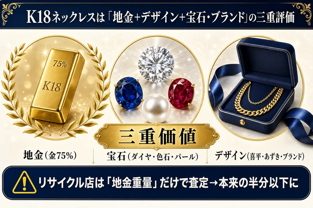K18ネックレスは「地金+デザイン+宝石・ブランド」の三重評価