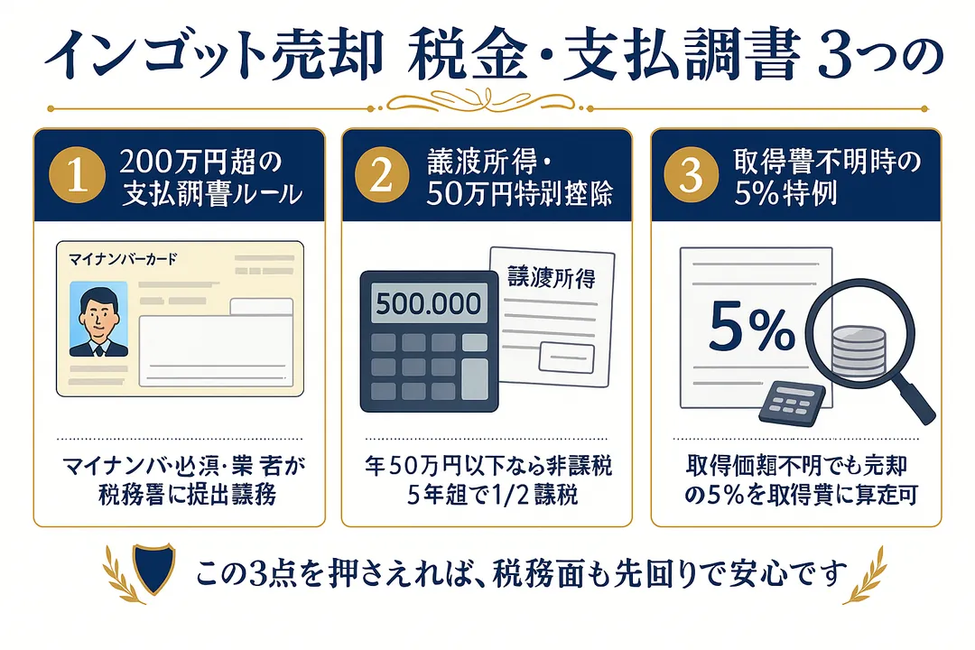 インゴット売却の税金・支払調書 3つのポイント (200万円超の支払調書ルール / 譲渡所得・50万円特別控除 / 取得費不明時の5%特例)